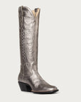 Silver metallic cowboy boot on a white background
