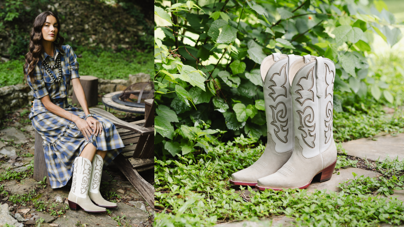 A split image showing a model wearing a blue plaid shirt and matching plaid skirt with white cowboy boots, alongside a pair of light beige western cowboy boots with white embroidery sitting on a stone path in a garden.